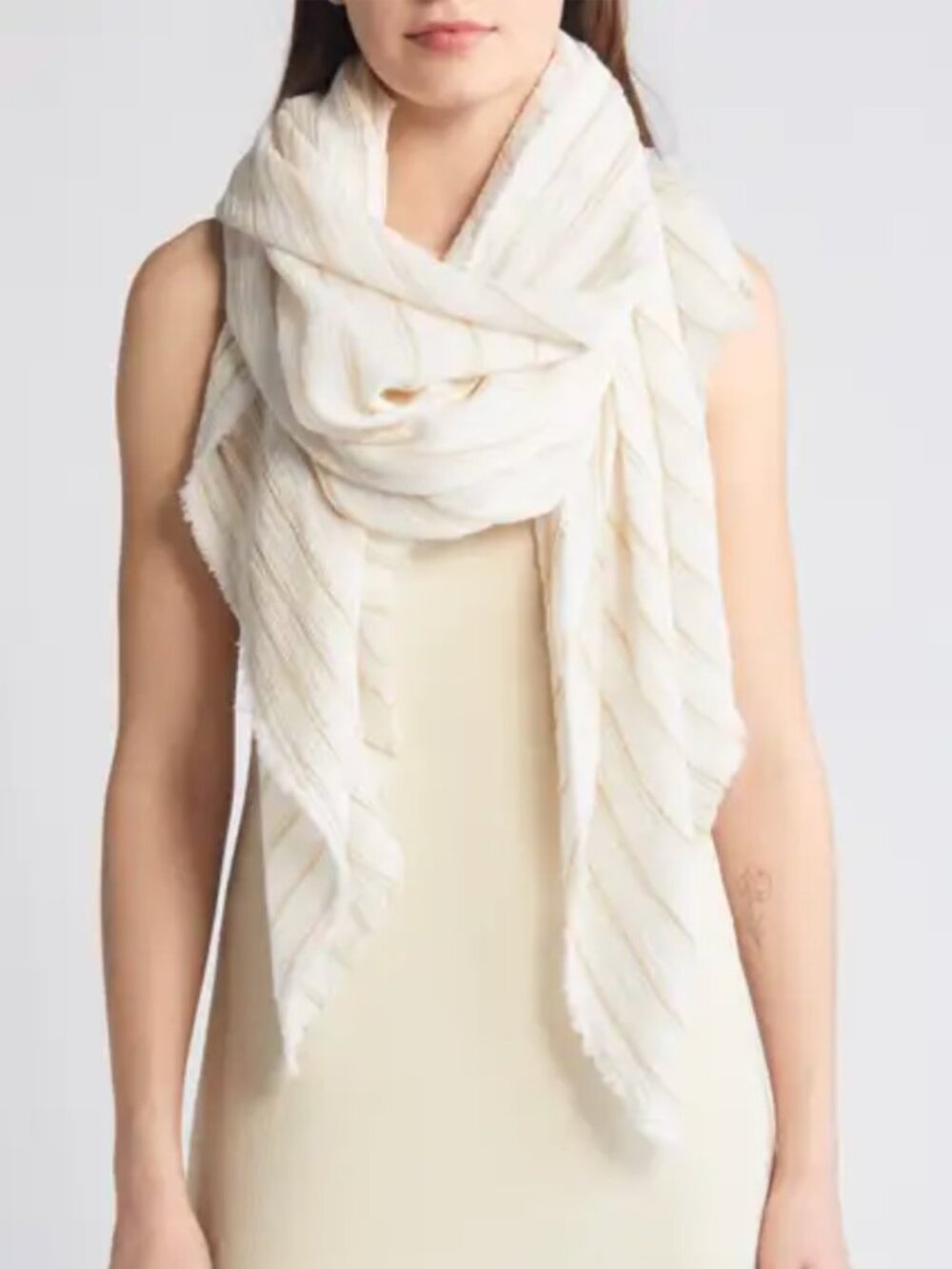 NWT Nordstrom Cotton Crinkle Scarf White and Brown Stripe